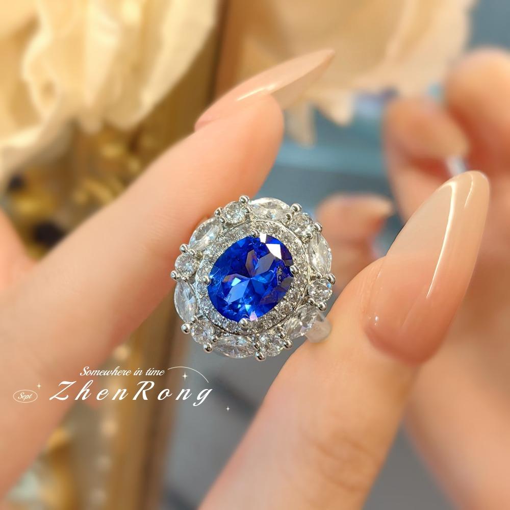 Women Jewelry Set Fashionable Light Luxury Blue Spinel Gemstone Pendant Open Ring Simple Daily Stud Earrings