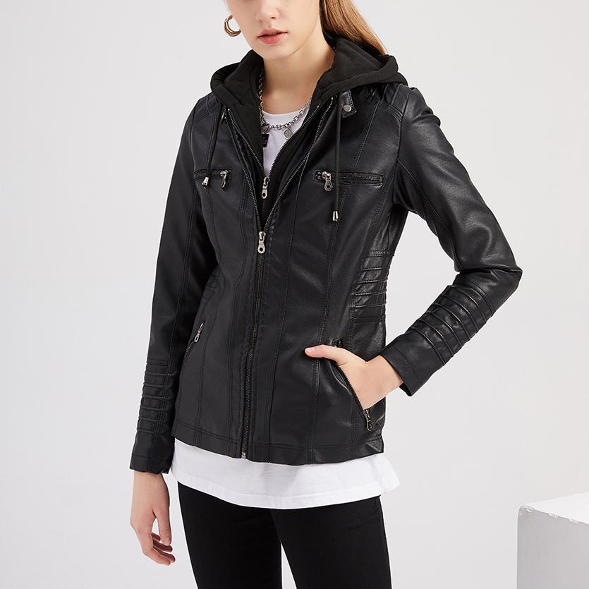 Kadın Çıkarılabilir Kapşonlu Suni Deri Ceket Motokros Racer Biker Çift Zip İnce PU Motosiklet Kısa Moto Ceket Klasik Bombacı Kabanlar S-4XL