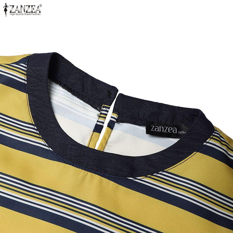 ZANZEA Women Round Neck Ruffles Short Sleeve Casual Stripe Patchwork Long Dress