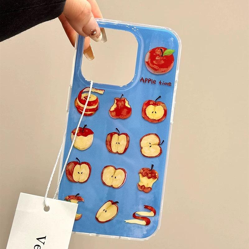 Ins-Style Cartoon Apple Pattern iPhone Case for 15/16/17 Pro Max - Drop-proof Soft Case with Pendant.
