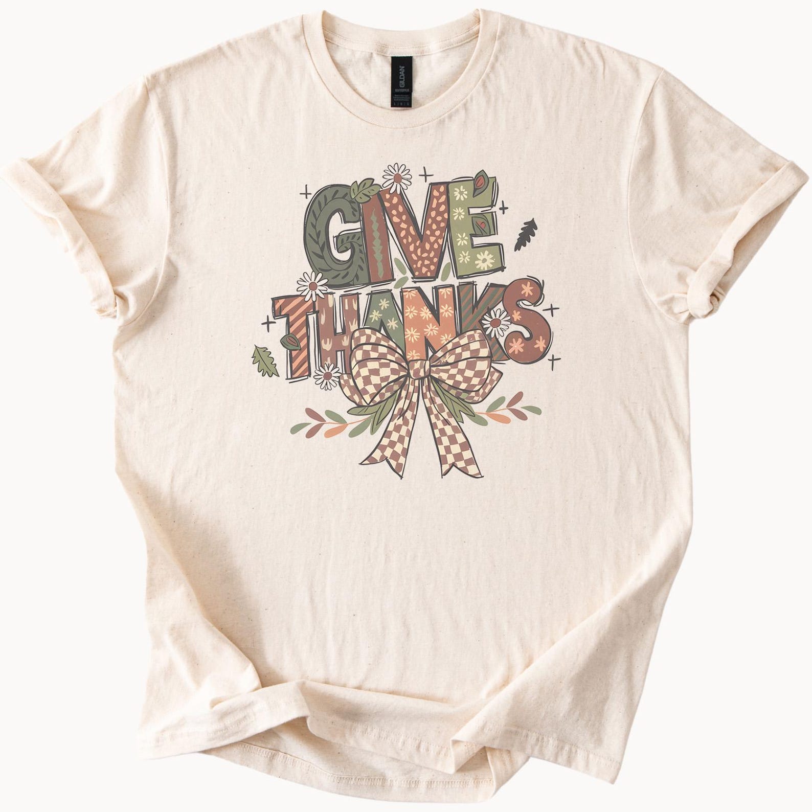 Give Thanks Graphic T Shirt Fall Florals Cute Autumn Bow Thanksgiving Inspirational Quote Tee 160