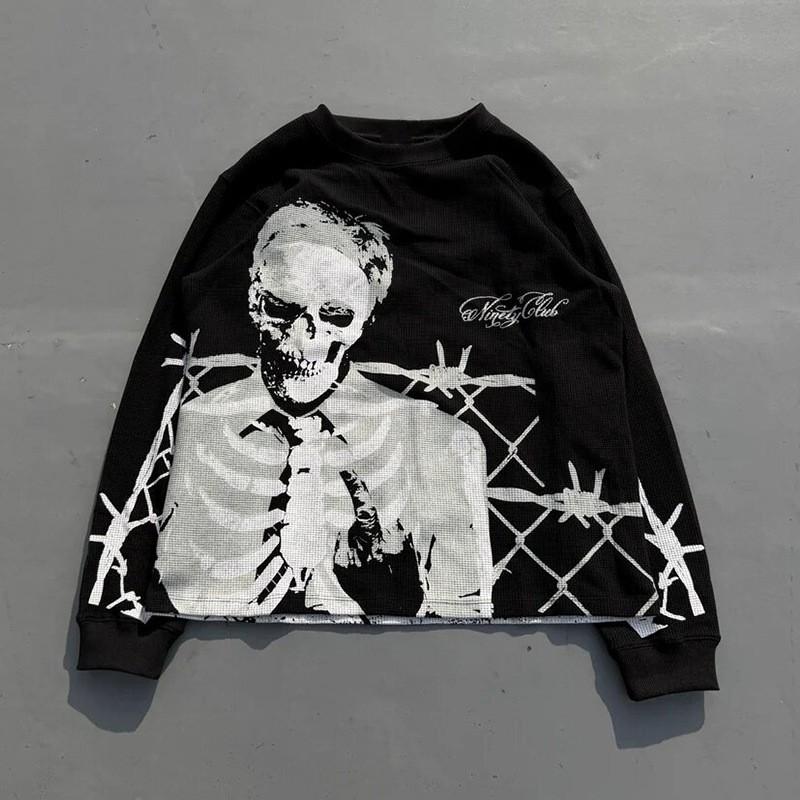 Men Women Long Sleeve T Shirt Gothic Skull Print Loose Fit Streetwear Hip Hop Top