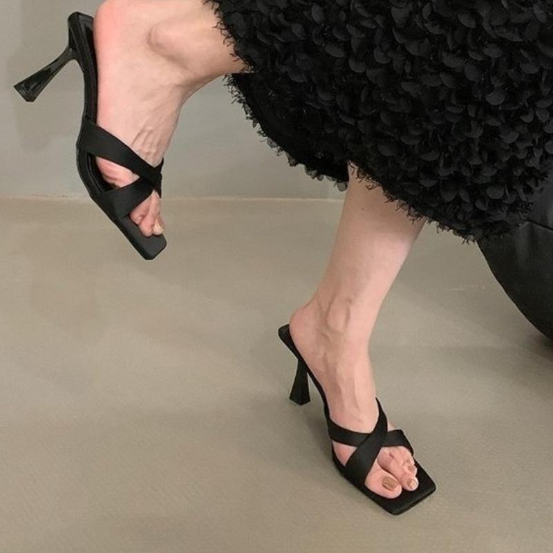 Fashion 2025 New Summer Square Toe Women's Fashion Slippers Fashion High Heel Dress Slides Casual Outdoor Footwear