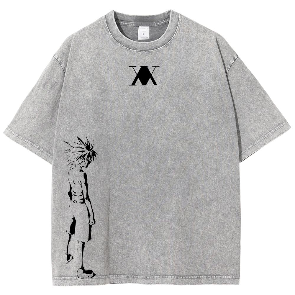 Anime HUNTER×HUNTER Killua Zoldyck Graphic T Shirt Men Vintage Washed Tshirts Manga Cotton T-shirt Harajuku Male Oversized Tops