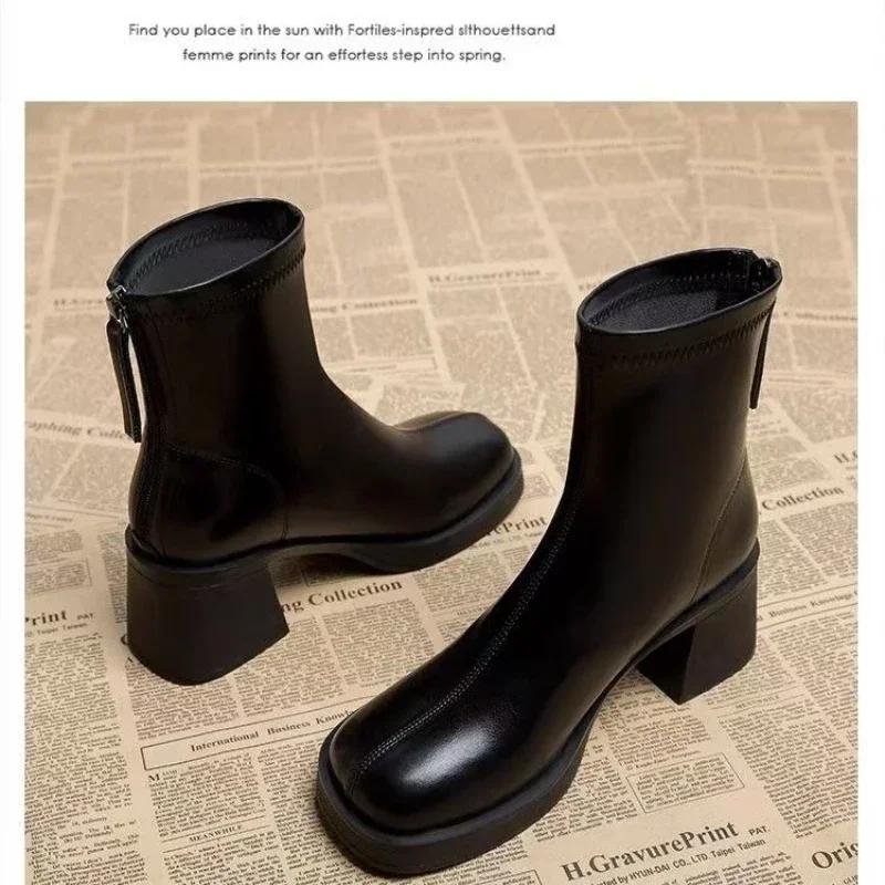 Black Women's Ankle Boots Fashion Back Zippers Short Square Heel Women Shoes Anti-slip Thick Sole Leisure Daily Commute Boots