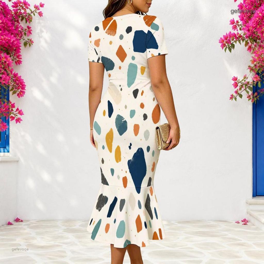 Women Plus Size V Neck Short Sleeve Geometric Printed Fitted Fishtail Dress