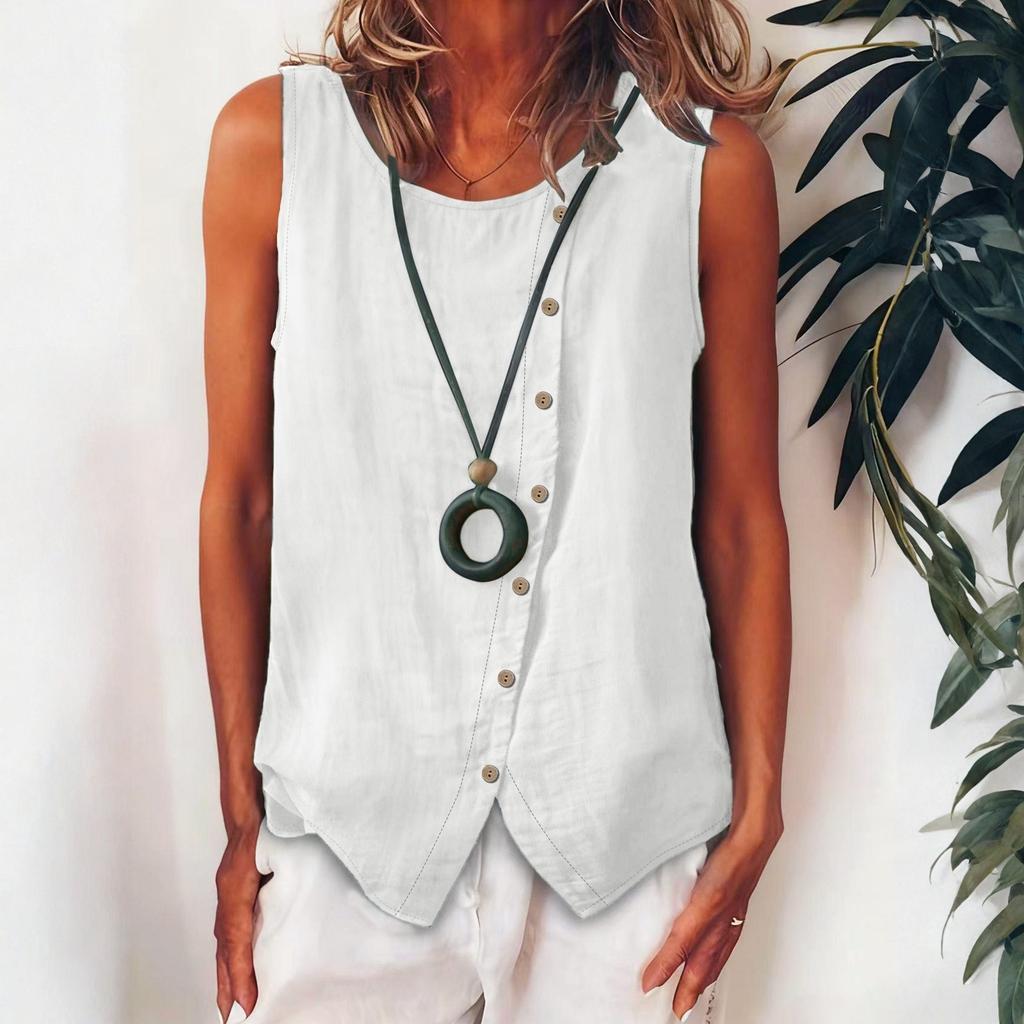 Women's Sleeveless Button-Up Shirt Loose-Fit Vest Top With Single Side Button