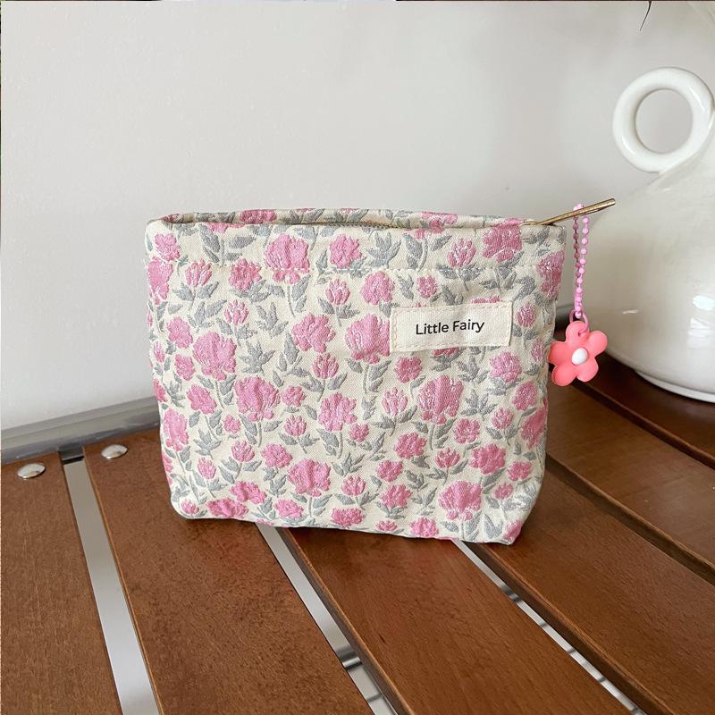 Pink Floral Makeup Bag: Women's Portable, Large Capacity, Small Size Travel Toiletry and Skincare Storage Bag