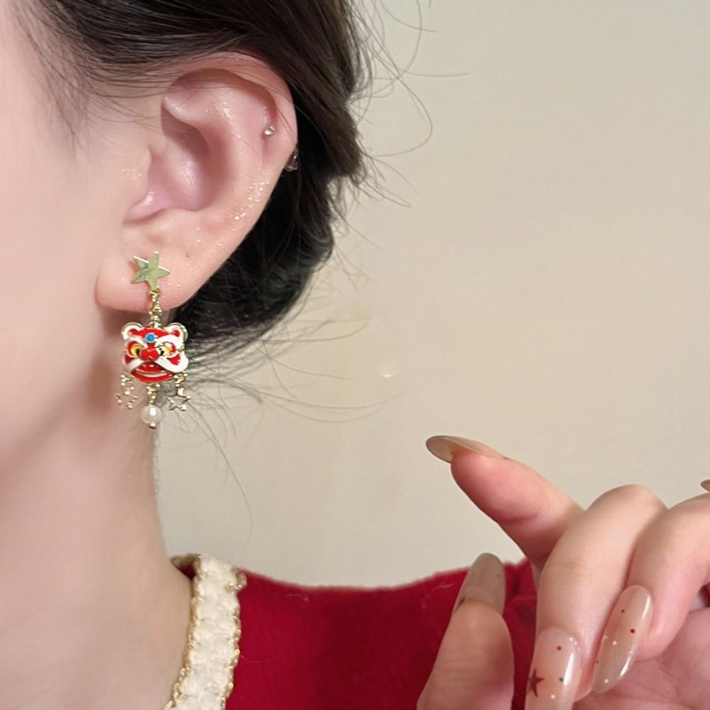Cartoon Lion Dance Ear Studs Awakened Lion Drop Earrings Retro Tassel Lion Dance Earrings  Wedding