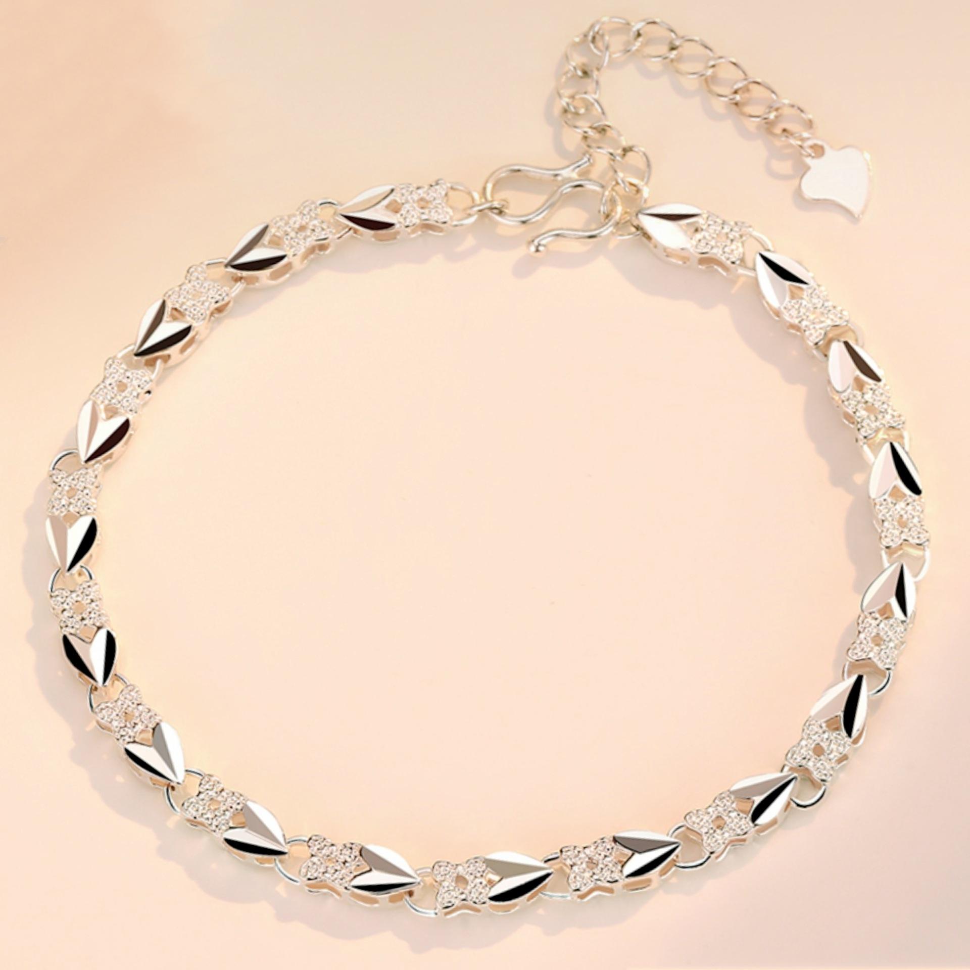 925 Silber Zartes Herzförmiges Kleeblatt Armband für Damen, Modischer und Charmanter Hochzeitsschmuck 20cm 8inches beige
