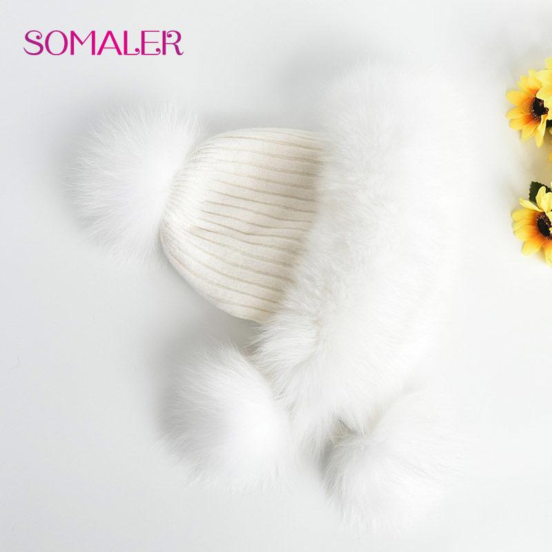 SOMALER Winter Real Fox Fur Hats for Women Fur Pompom Ear Protect Caps Warm Lined Knitted Fur Beanies Fashion Russian Hat
