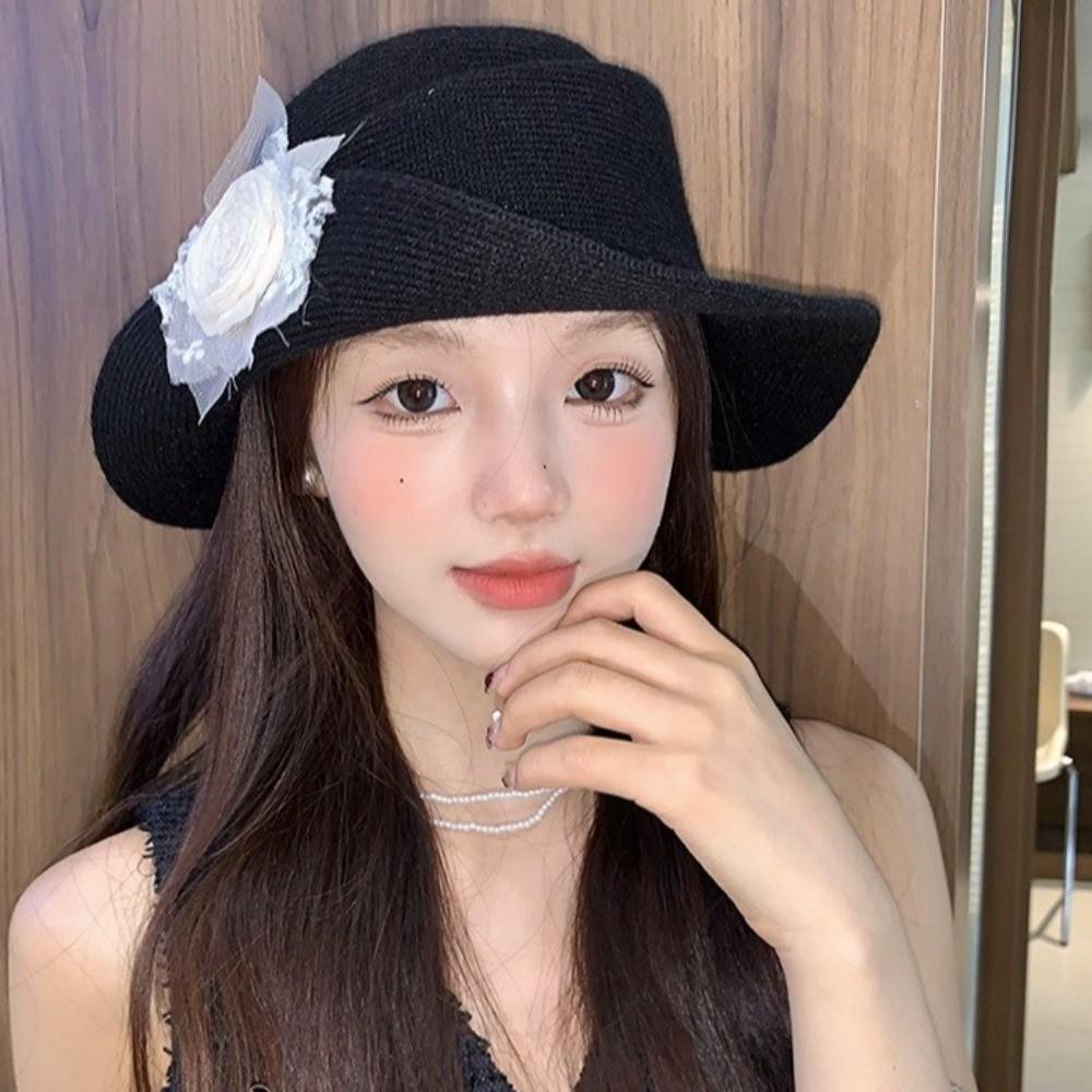 Lace Black Knitted Hat French Style Women Fisherman Hat Retro Hepburn Style Topper Hat Funeral