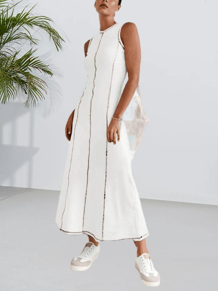 Robe longue d'été décontractée pour femme, à blocs de couleurs, en maille côtelée, sans manches