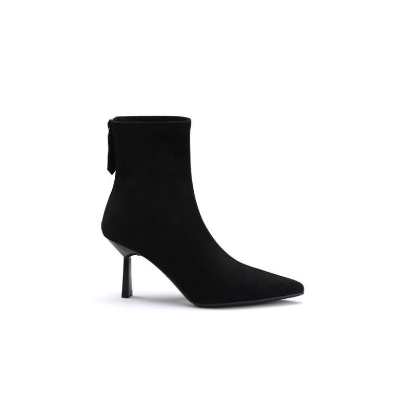 Cowhide version~ high-heeled short boots women's new spring and autumn single boots temperament pointed thin heel suede elastic thin boots