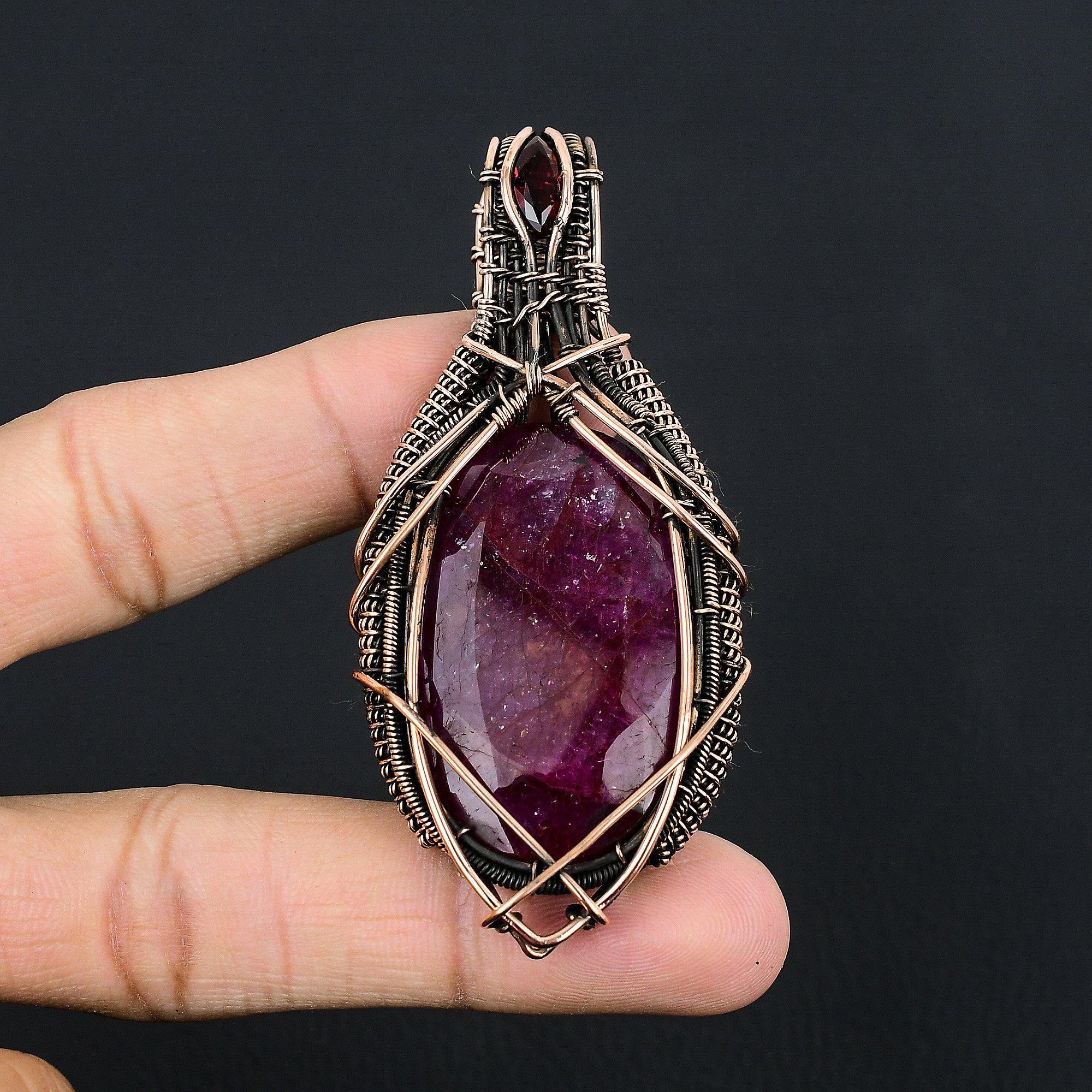 

Ruby Pendant, Handmade Gemstone Pendant, 999 Copper Wire Wrapped Pendant Antique Jewelry, For Engagement Gift 2.55 Inches