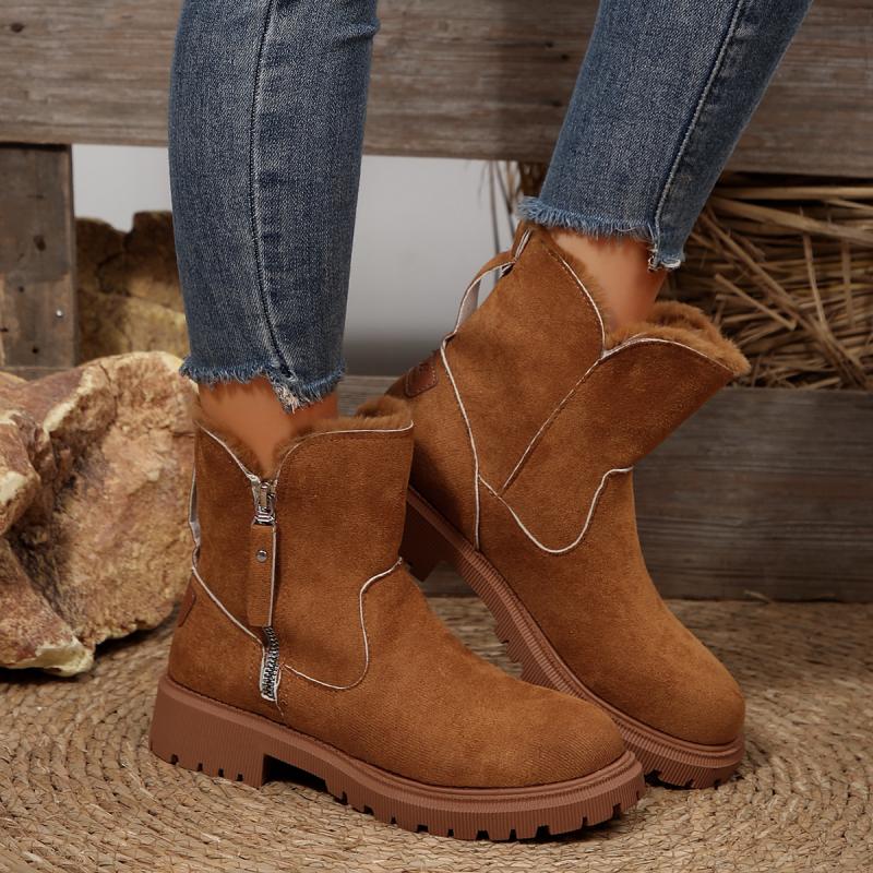 Fashion Fashion Side Zip Short Plush Snow Boots Women 2025 Winter Round Toe Thick Bottom Medium Heel Ankle Boots Warm Non Slip Booties