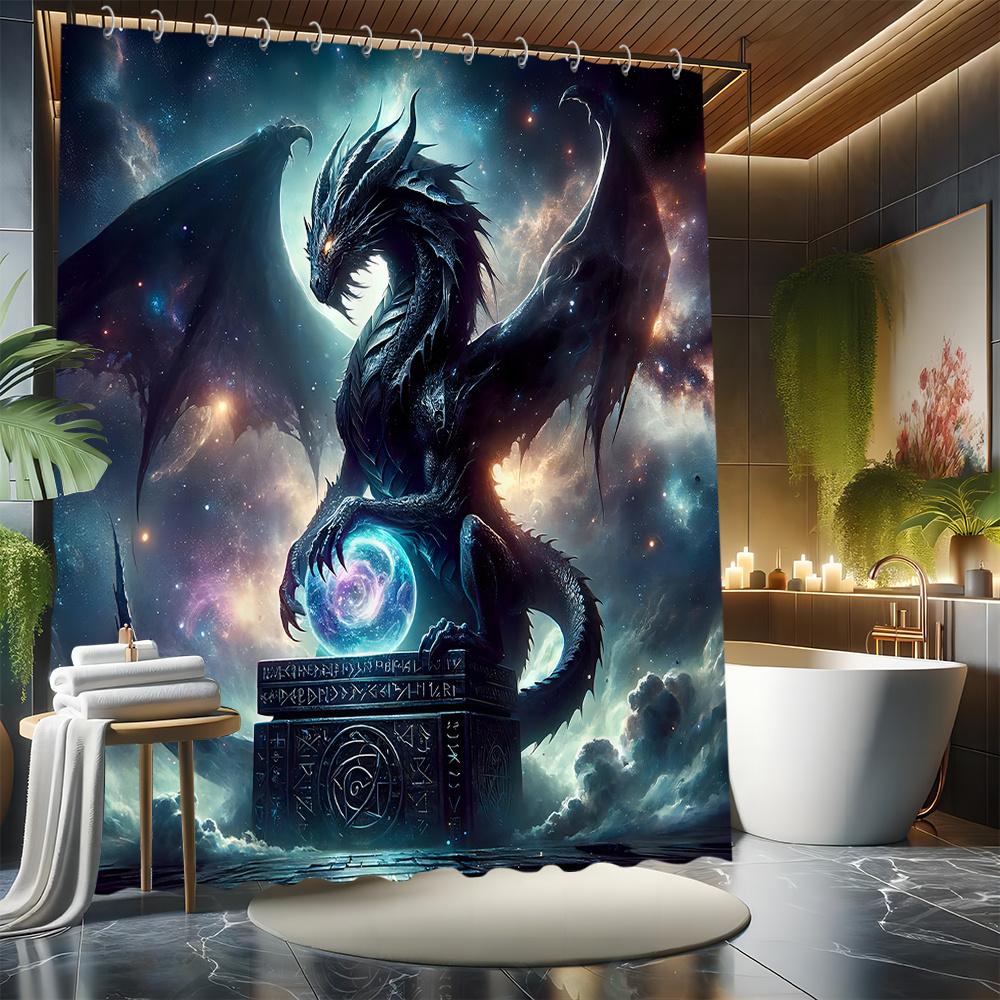 1pc Shower Curtain - Majestic Black Dragon with Celestial Background and Mystical Orb Design for a Dramatic Bathroom Waterproof