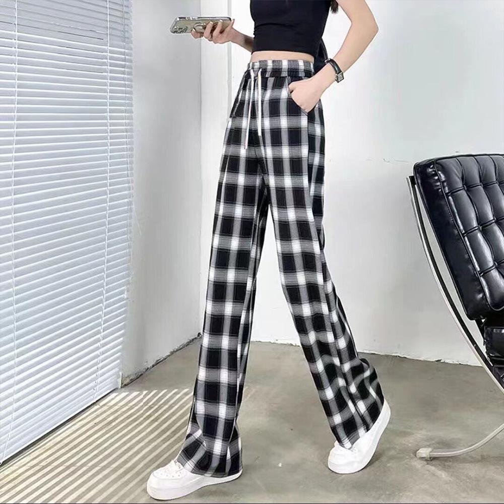 Women's 2025 Spring Retro Brown Plaid Wide-Leg Ice Silk Pants