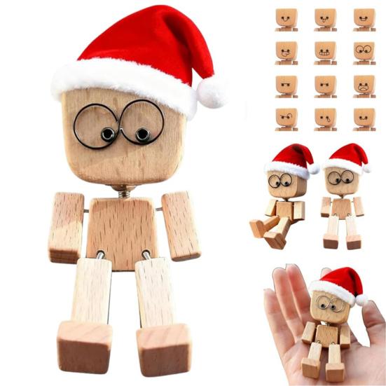 1 Set Christmas Shaking Wooden Man Wood Block Man Figurine with Shaking Legs 12 Magnetic Expressions Handmade Funny Santa Figurine