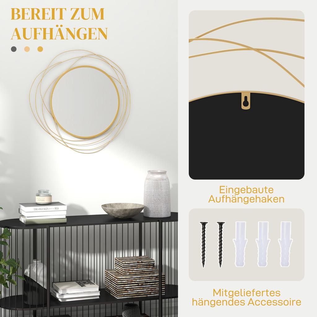 Metal Wall Art 65cm Modern Decorative Mirror Decor for Living Room Bedroom Dining Room, Gold Tone