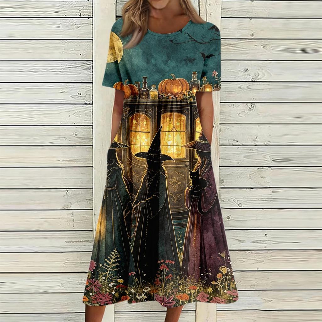 Women's Casual Halloween Print Round Neck Dress with Pockets for Festive Occasions