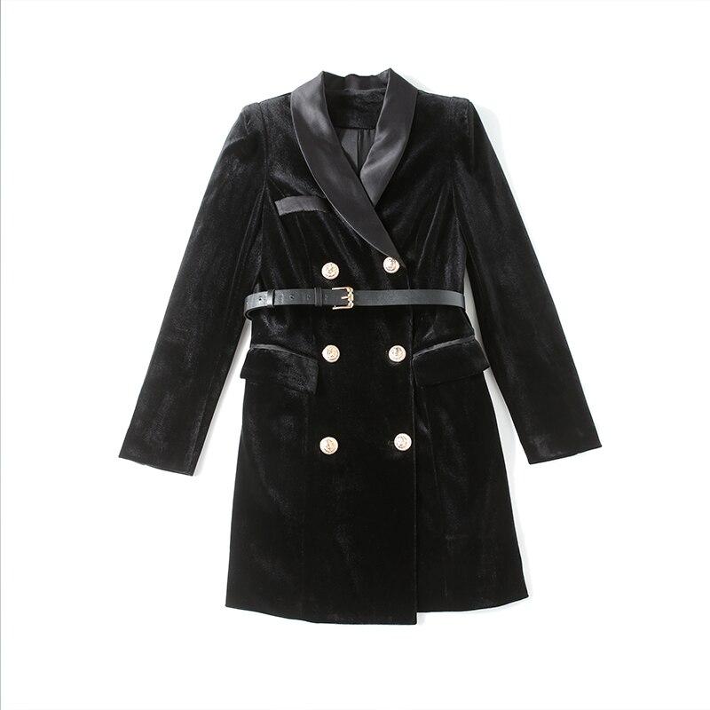 Frauen Samt Blazer Jacke Herbst Winter Zweireiher Langarm Damen Schwarz Mantel Mit Gürtel