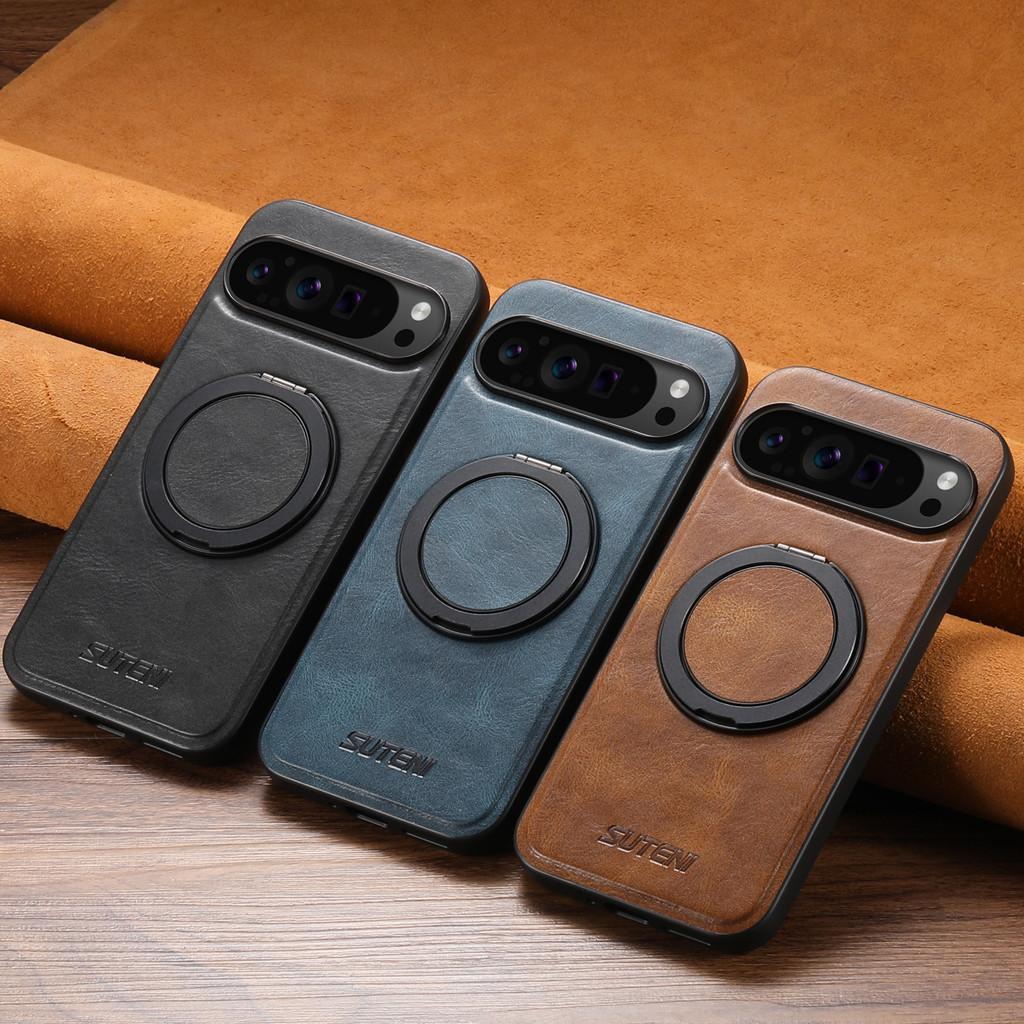Ölwachs Lederhülle für Google Pixel 11 Pro XL/10 Pro/9/8/7/8A/7A/6A, Magnetischer Ring Ständer Kabelloses Laden Handyhülle