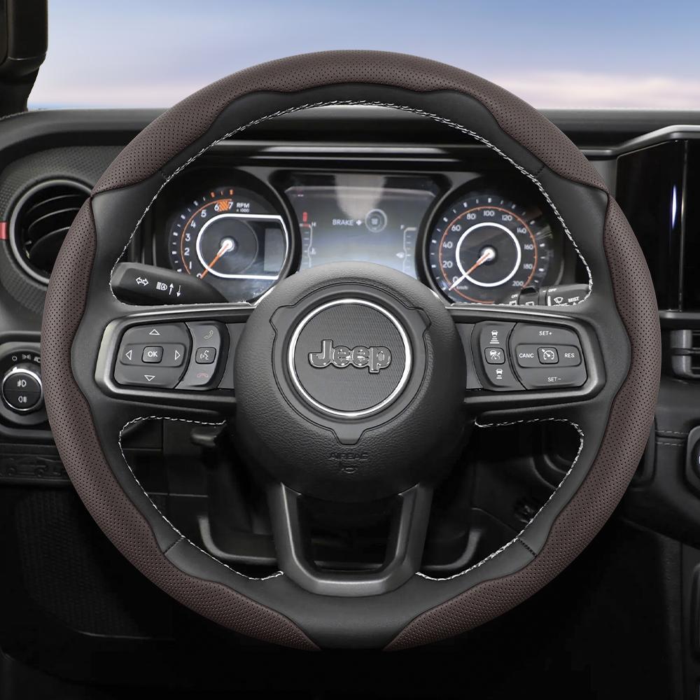 Suitable for Jeep Breathable Hole Leather Steering Wheel Cover Segmented Quick Release Design Non-Slip Durable Compass Renegade Wrangler Grand C AMU1