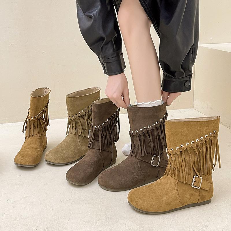 Design Sense Wasteland Style Women's Martin Boots Autumn and Winter Niche Retro Tassel Western Cowboy Temperament Wedge Heel Fashion Boots