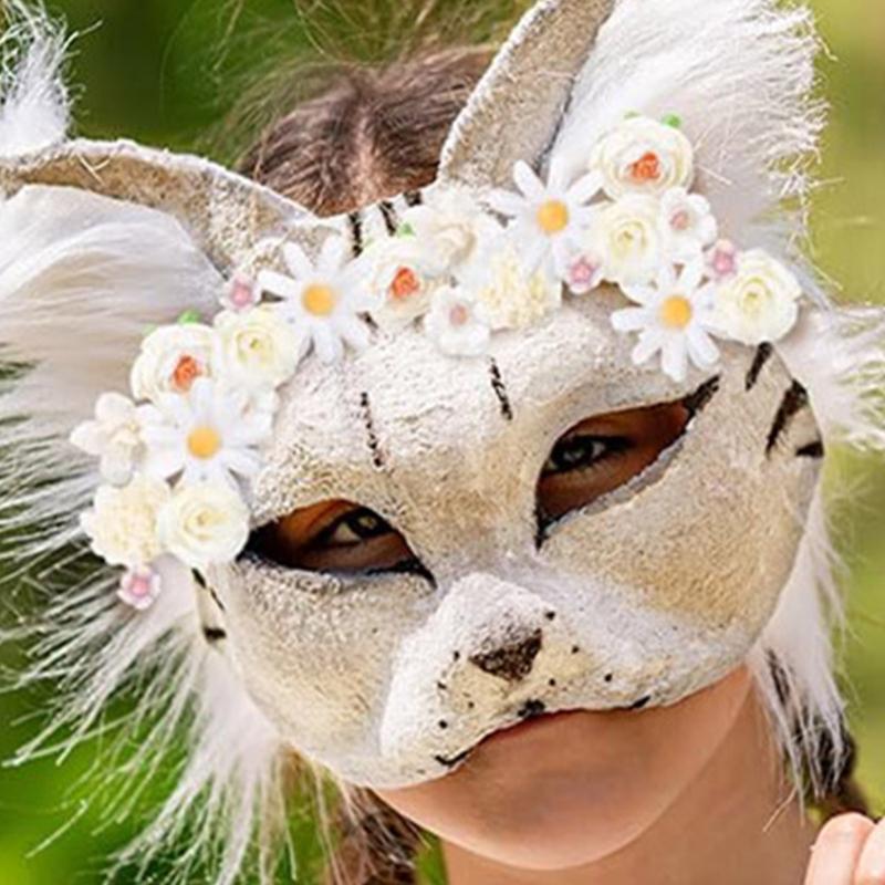 Fun Therians Masks Kit Cats Foxes Mask with Furs Eye Meshes DIY Furry Animal Mask to Paint for Halloween Cosplay Party