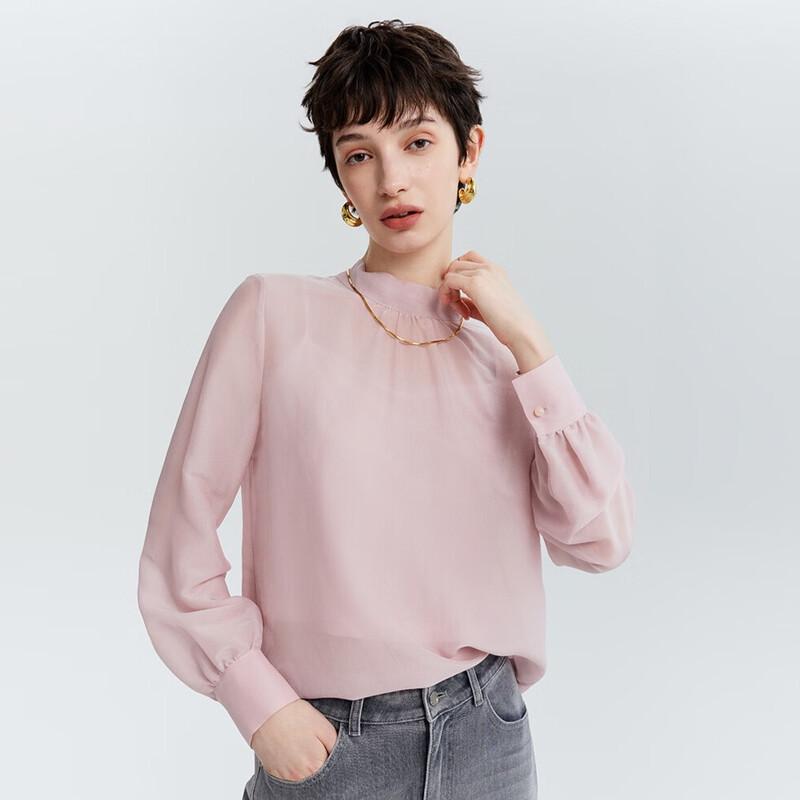 MONOVICH Women s Elegant Pink Long-Sleeve Blouse L