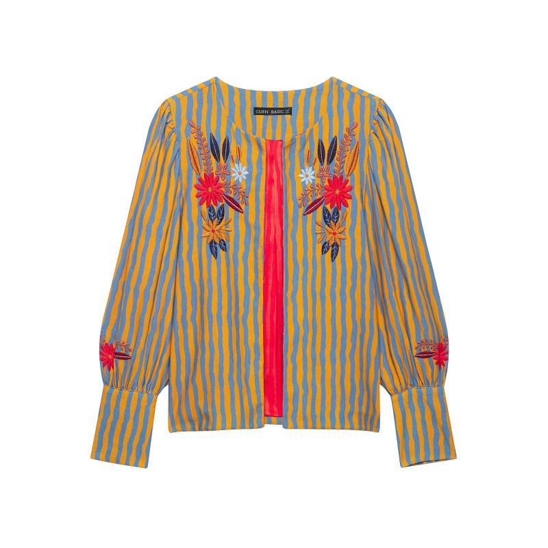Womens Relaxed Fit Striped Floral Embroidered