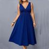 Women's Sleeveless V Neck A Line Dress with Waist Cinch Midi Length Casual Summer Dress