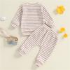 Toddler Baby Boys Girls Fall Waffled Clothes Stripe Long Sleeve Round Neck Pullover Elastic Waist Long Pants 2Pcs Outfit