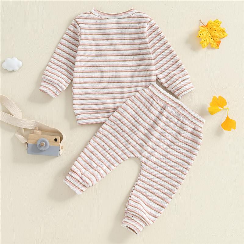 Toddler Baby Boys Girls Fall Waffled Clothes Stripe Long Sleeve Round Neck Pullover Elastic Waist Long Pants 2Pcs Outfit