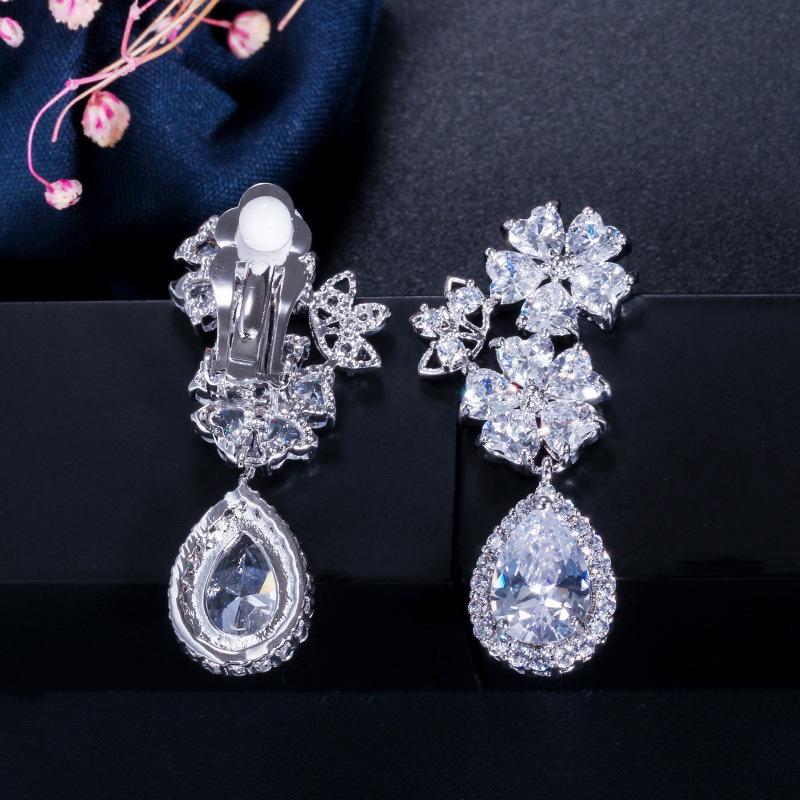 Ej0108 Flower Water Drop Earrings Shine 3A Zircon Ear Clips Bridal Banquet Dress Accessories