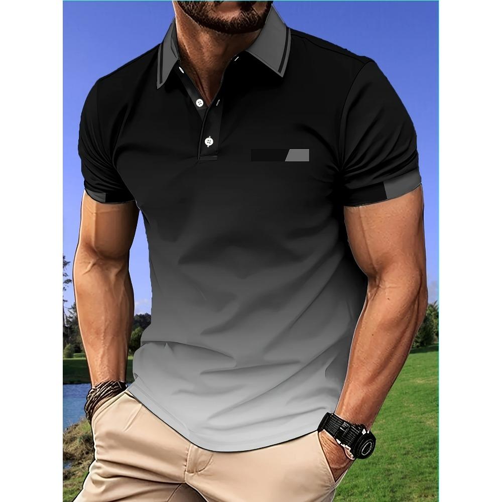 Men's Gradient Print Short-Sleeved Casual Sports T-Shirt with Stand-Up Collar and No Pockets - Summer Men's Clothing Gift