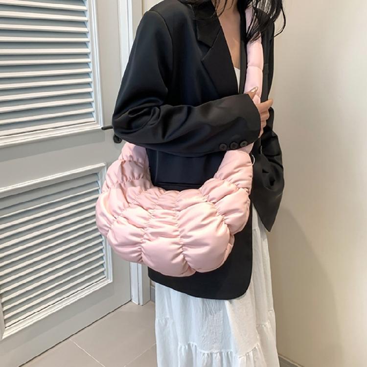 Women Solid Color PU Leather Shoulder Crossbody Bag Pleated Padded Handbag Purse