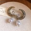 Silver Needle Diamond Moon Star Pearl Earrings French Retro Fashion Temperament Earrings Light Luxury Premium Earrings Women