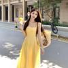 Coffee Break French Yellow Suspender Dress Women's Summer Gentle Wind Seaside Vacation Waist Skinny Beach Long Skirt