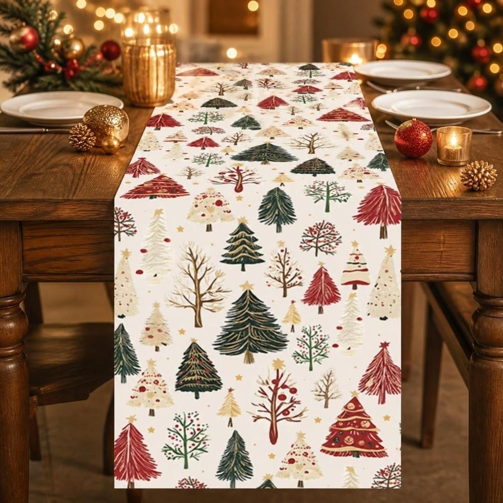 Mixed Pine Tree Pattern Holiday Tablecloth Polyester Party Table Decor Table Runner  Festive Dining
