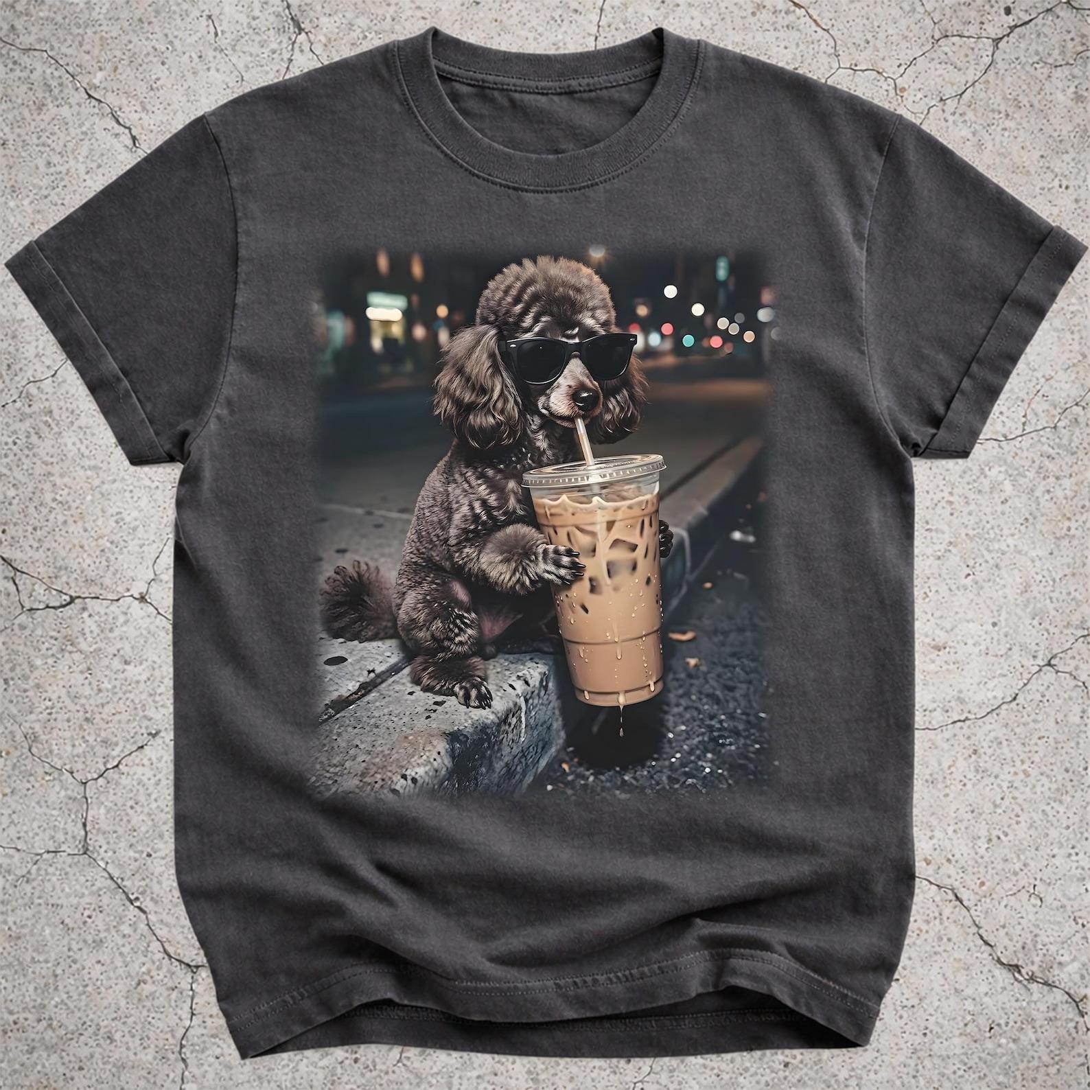 Funny Poodle Drinking Iced Coffee Shirt, Poodle Mom Gift, Dog Lover Tee 2XL