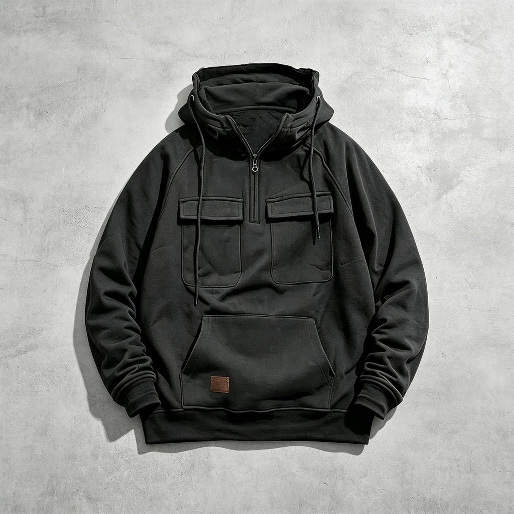Men's Retro Workwear Hoodie Half Zip Oversize Multi-Pocket Solid Color Pullover Casual Streetwear