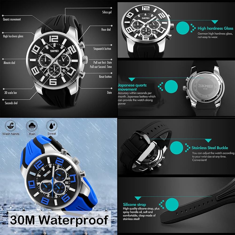 Men's Big Face Analog Chronograph Watch Blue Silicone Waterproof Sports Design