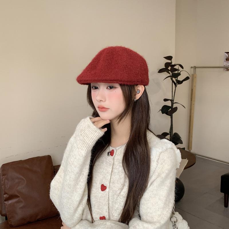 

British style retro leather brim spell forward hat children spring and autumn face small simple versatile painter newsboy hat tide M（56-58cm） вина червоного кольору