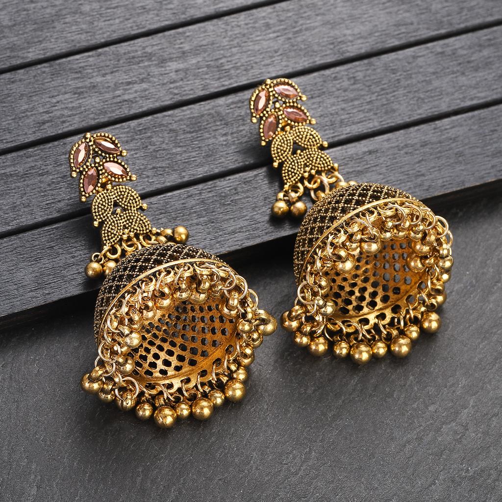 Ethnic Gold Color Big Bell Dangle Earrings for Women Vintage Jewelry Pink Zircon Hollow Bells Carved Earrings Indian Earrings