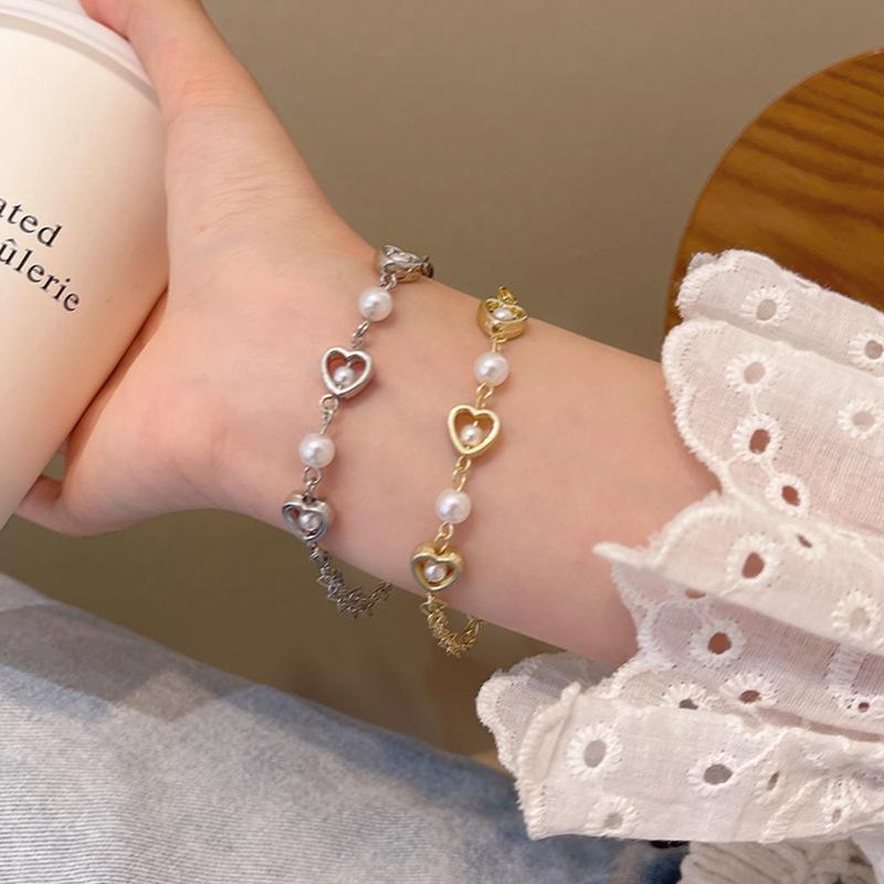 Korean Hollow Heart Pearl Bracelet - Elegant, Cold Style Jewelry for Women
