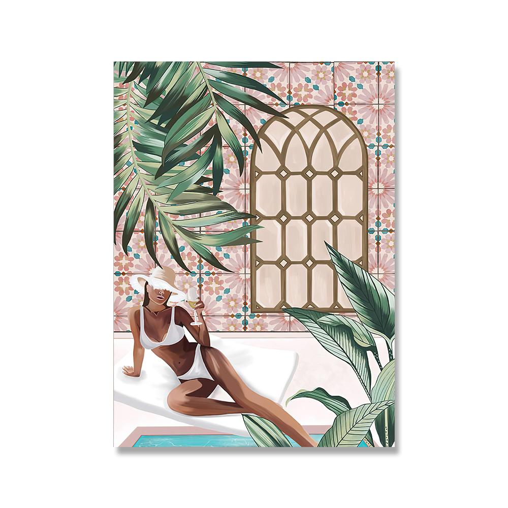 Marokko Frau Reise Wandkunst Leinwand Schwimmbad Tropisches Blatt Nordische Poster und Drucke Wandbilder für Wohnzimmerdekor