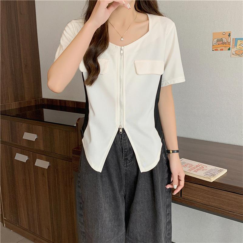 

Футболка с коротким рукавом с открытыми плечами, кардиган, летний женский новый стиль, слегка полным мм, скрывающий живот, короткие топы для горячих девушек One size