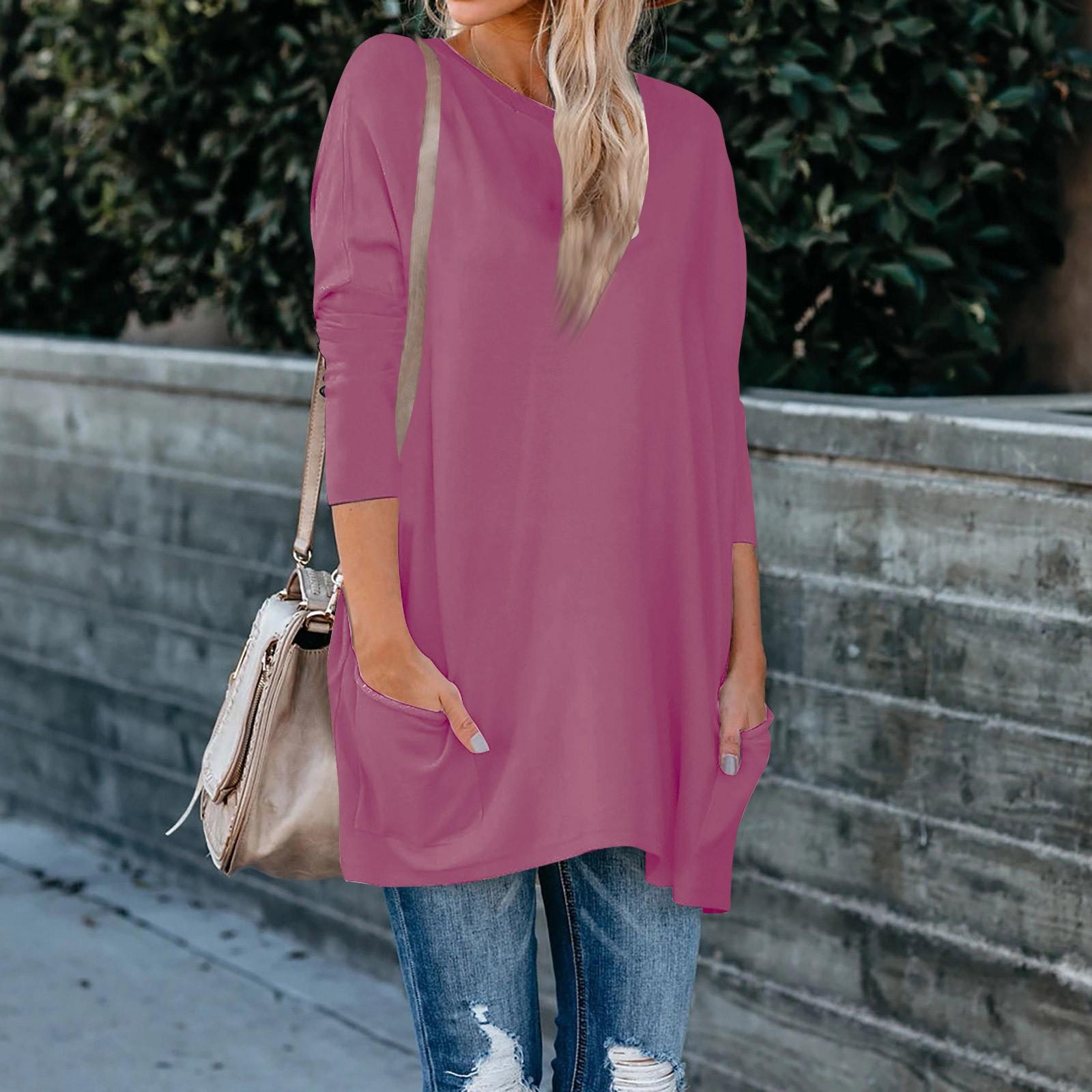 

Женская однотонная футболка с длинным рукавом и круглым вырезом, карманного размера XL